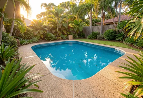 Concrete pool surround installed at a Toowoomba home with a slip-resistant finish