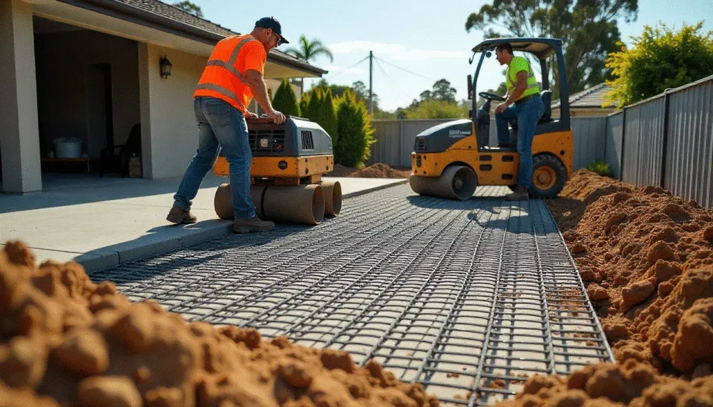 Site preparation and steel reinforcement work ahead of a concrete pour in Harristown