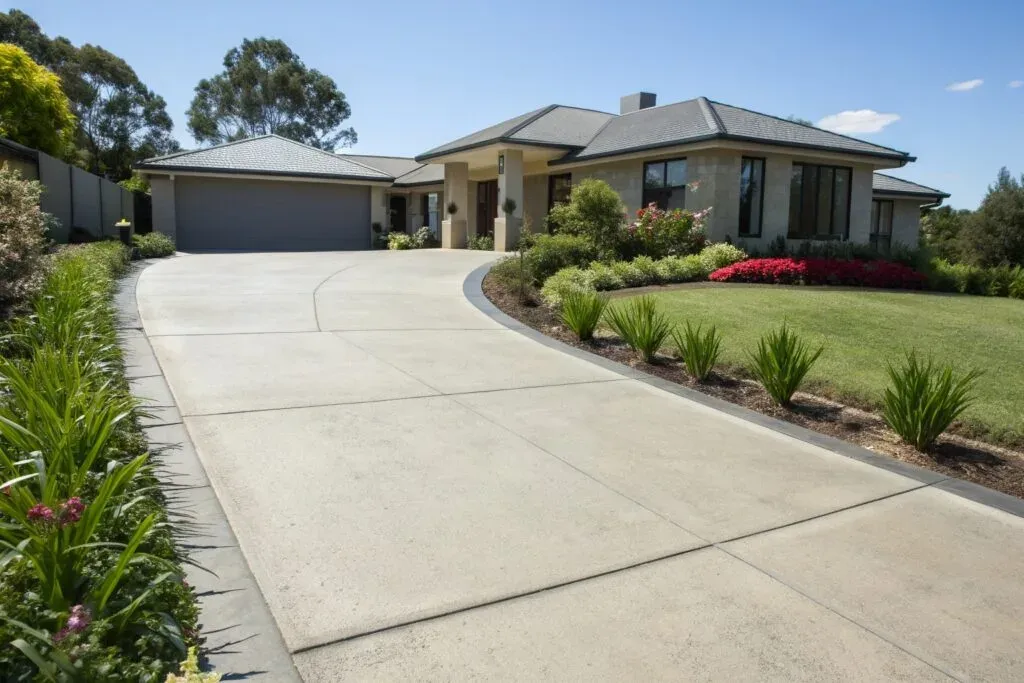 Completed concrete driveway in Toowoomba after proper weather timing and curing process