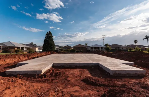 Completed concrete house slab foundation on a Toowoomba suburban block