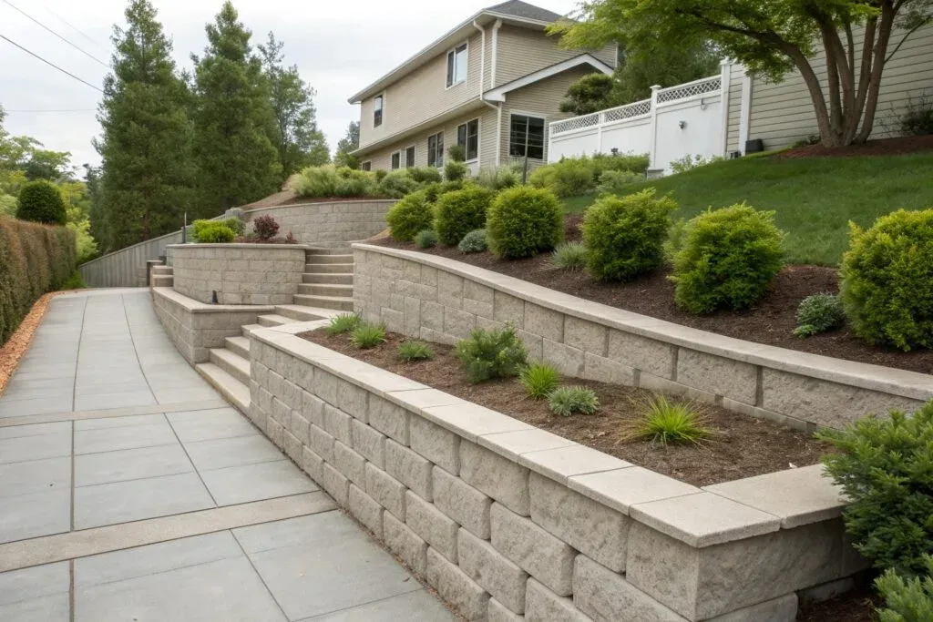 Concrete retaining wall and patio integration on East Toowoomba slope