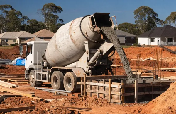 Concrete truck pouring foundation slab on a Toowoomba residential building site