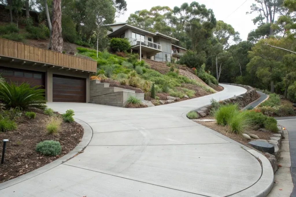 Curved concrete driveway on a hillside property in Highfields