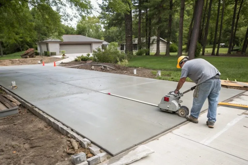 Freshly poured concrete driveway with control joints on a Harristown property