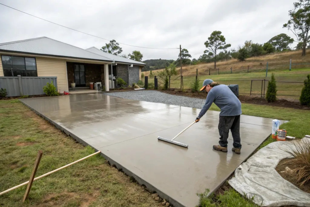 Freshly poured concrete being broom finished for a textured, slip-resistant surface