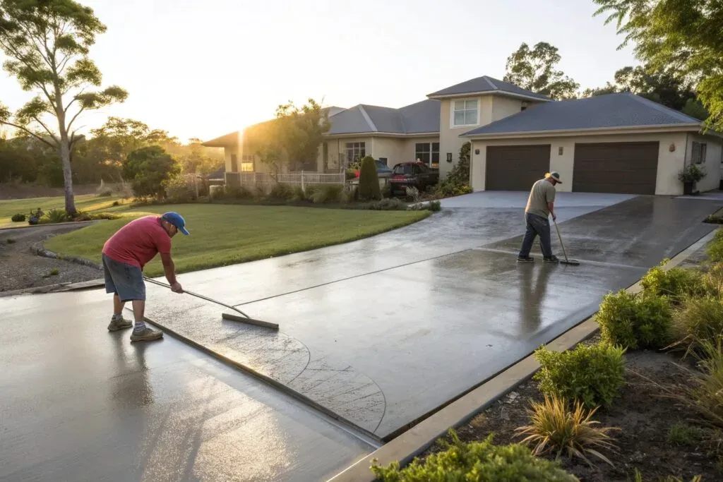 Freshly smoothed concrete driveway at a residential Mount Lofty property