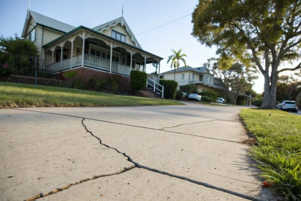 Cracked concrete driveway showing soil movement damage in Rangeville home