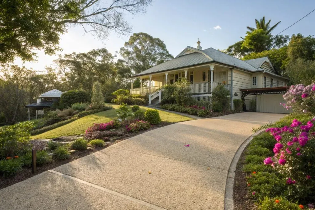 Wide exposed aggregate concrete driveway on a Toowoomba property
