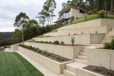 Multi-level concrete terracing on a sloping Cotswold Hills property