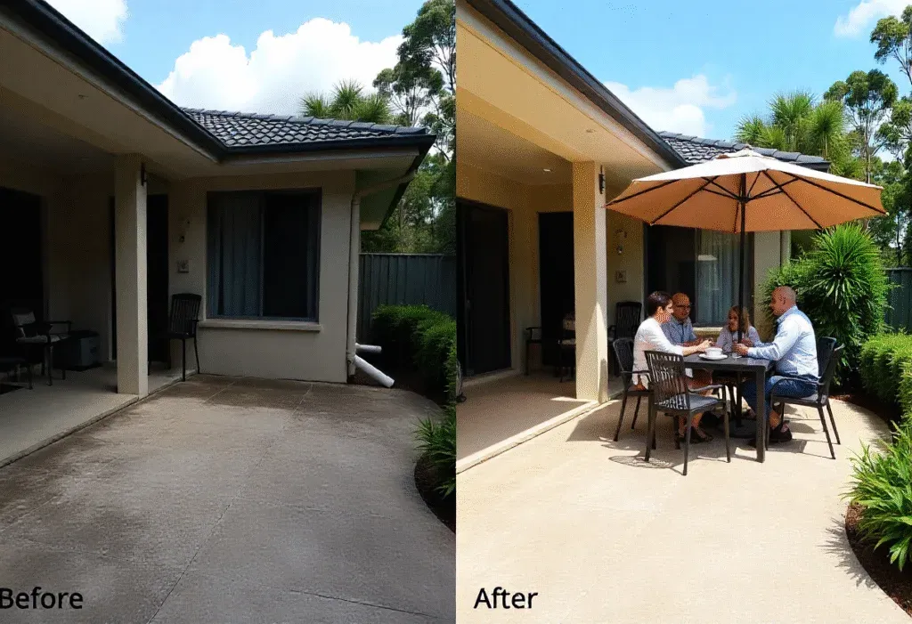 Before and after comparison of a heat-resistant concrete pool deck in Rangeville