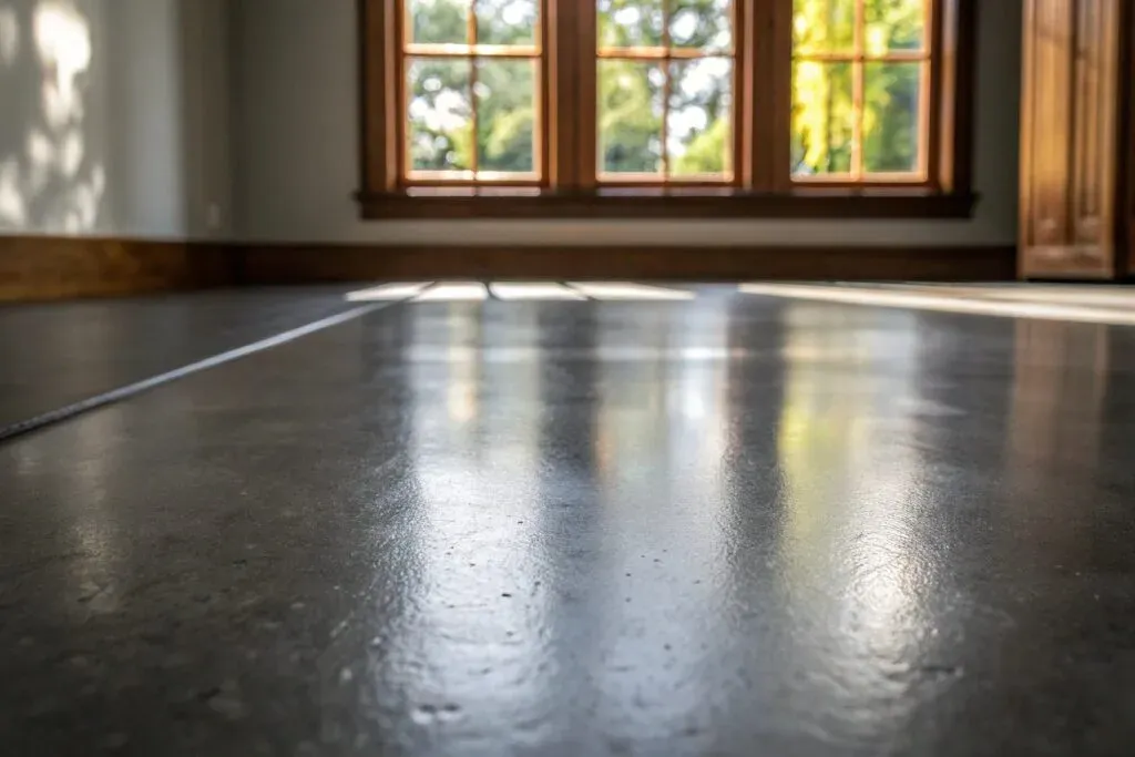 Charcoal polished concrete flooring showing reflective finish in heritage home