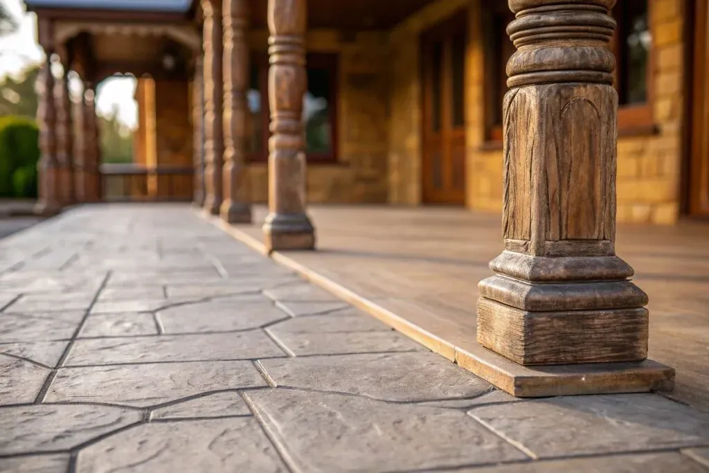 Stamped concrete patio with heritage-appropriate slate pattern for Queenslander home