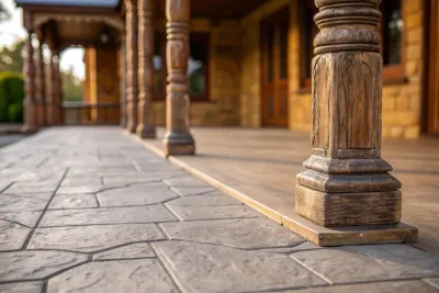 Close-up of sandstone-toned stamped concrete texture and pattern