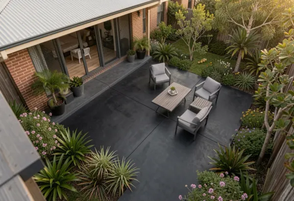 Charcoal-toned coloured concrete patio installed by Concrete Toowoomba Specialist