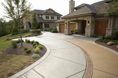 Elegant curved concrete driveway leading to a modern home