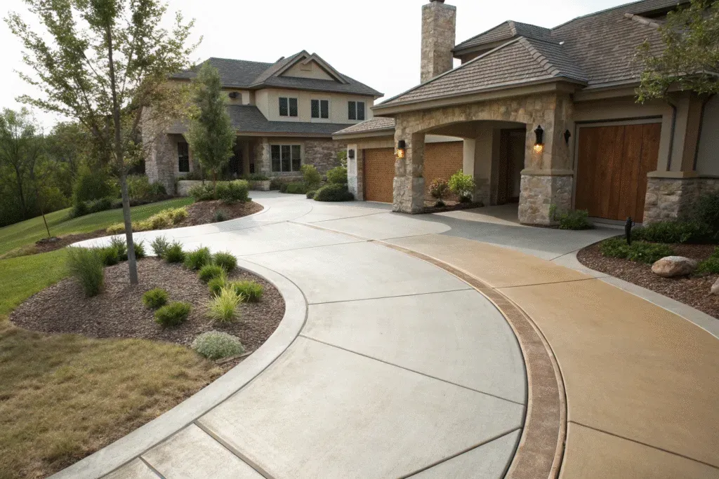Elegant curved concrete driveway leading to a modern Highfields home
