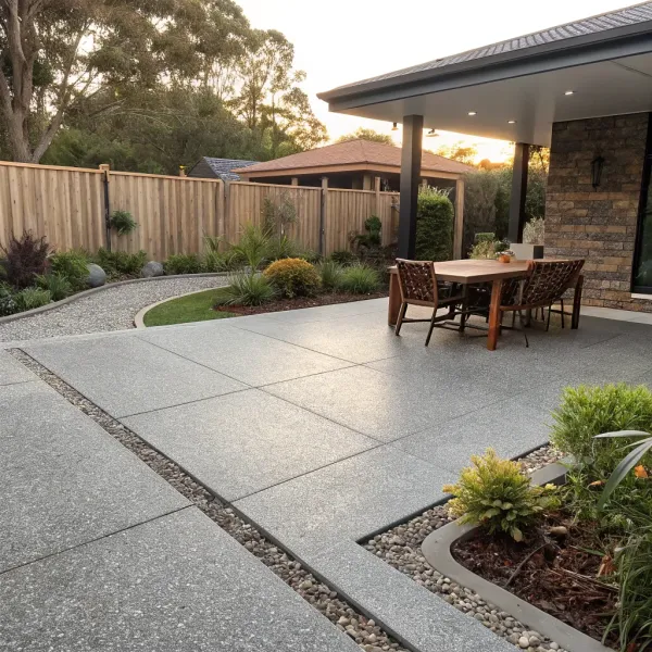 Exposed aggregate concrete patio with outdoor furniture at a Queensland home