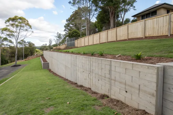 Freshly built reinforced concrete retaining wall holding back a sloped Toowoomba backyard