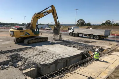 Heavy-duty excavator fitted with a hydraulic concrete breaker attachment