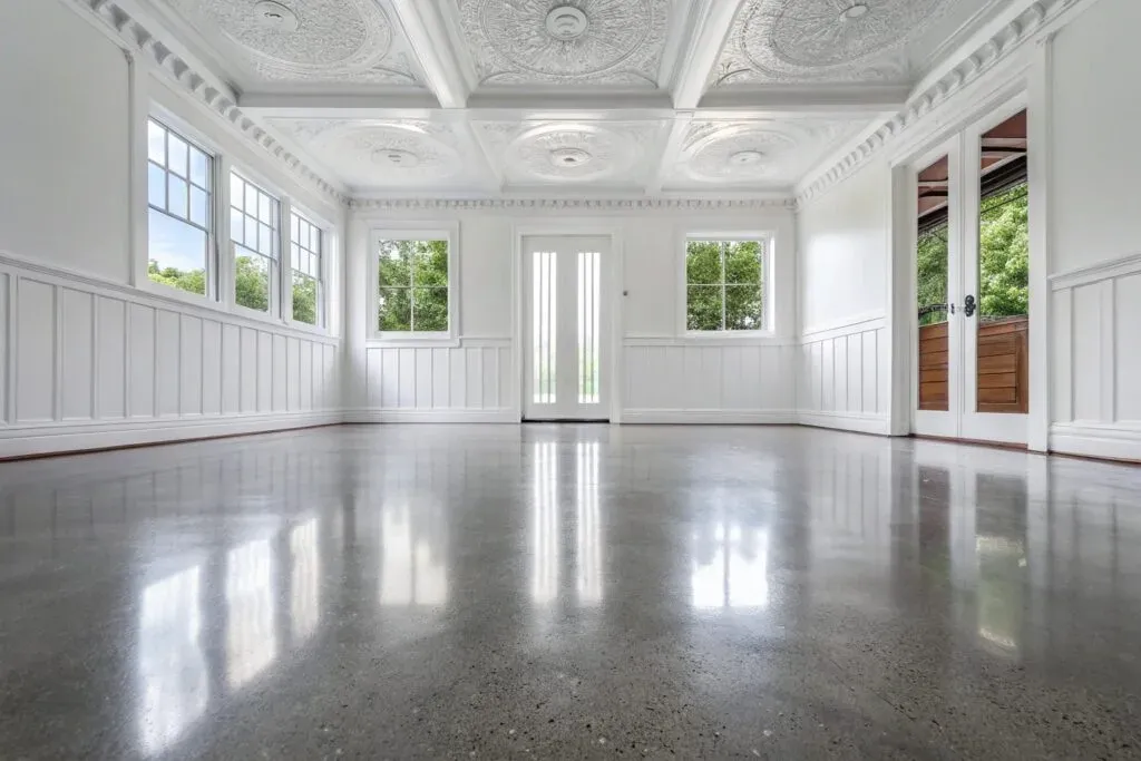 Polished concrete floor in Toowoomba Queenslander heritage home with white walls