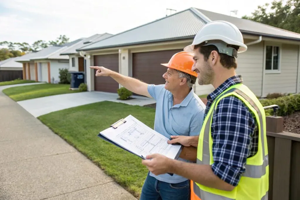 Concrete contractor consulting homeowner about council approvals in Harristown