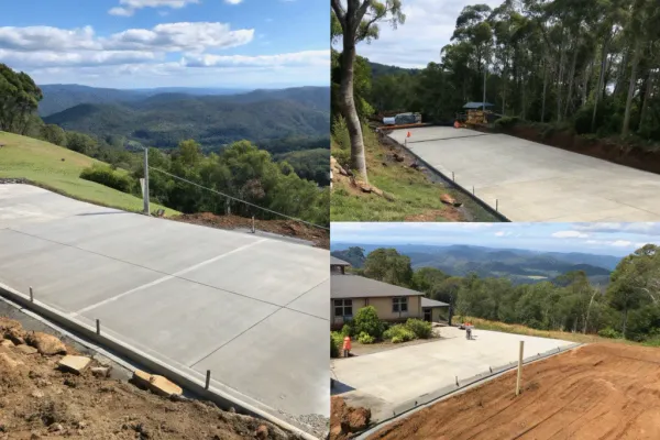 Three stages of a concrete driveway installation from formwork to finished pour
