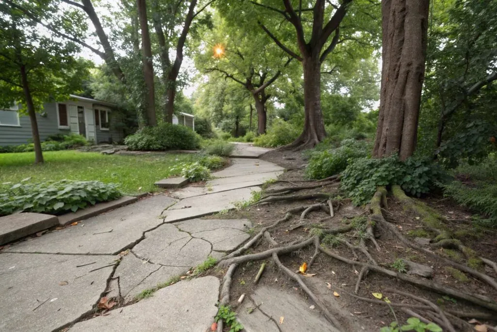 Tree root damage causing concrete driveway cracks in established Harristown property