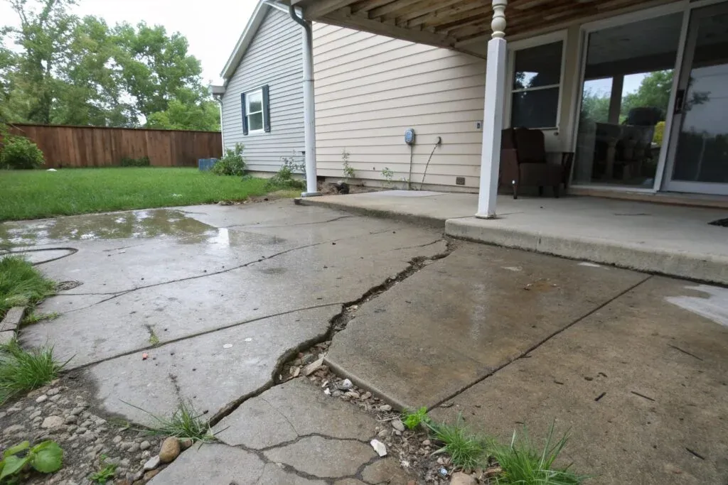 Water damage and pooling on cracked concrete patio in Harristown