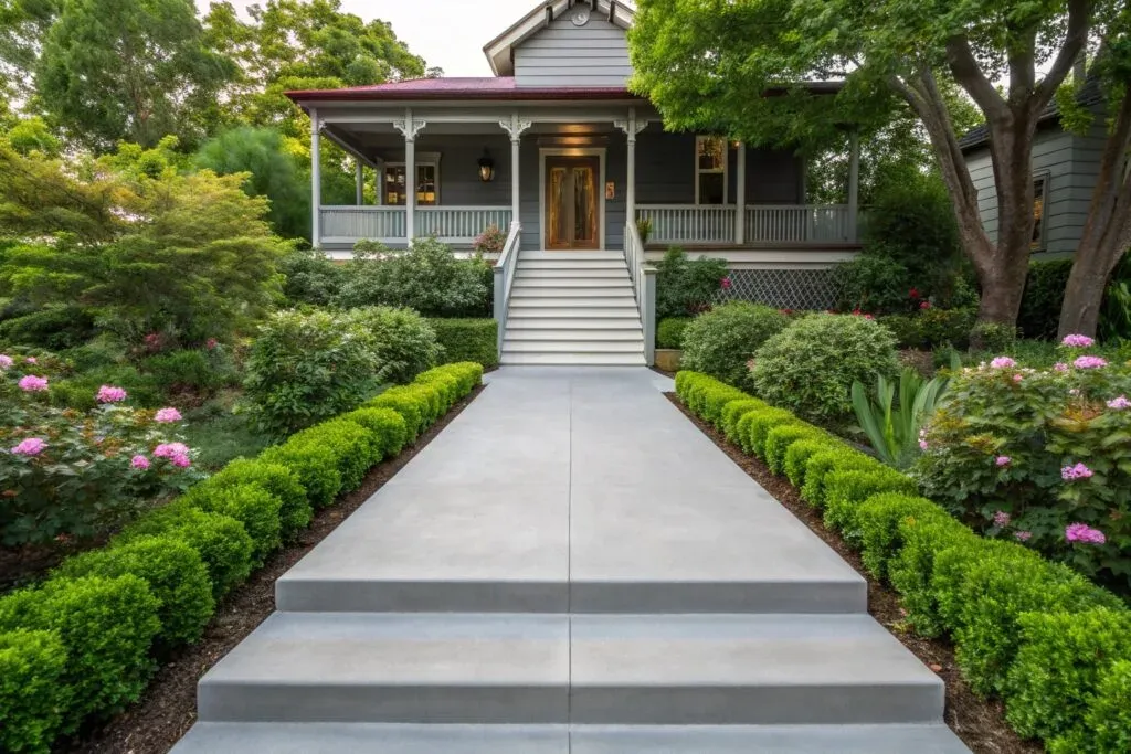 Wide concrete pathway in soft grey tones leading through a Toowoomba property