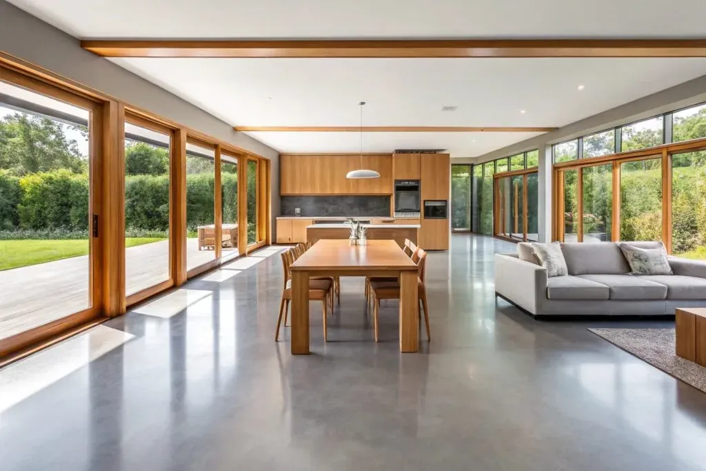 Natural grey polished concrete floors in renovated Toowoomba heritage home interior