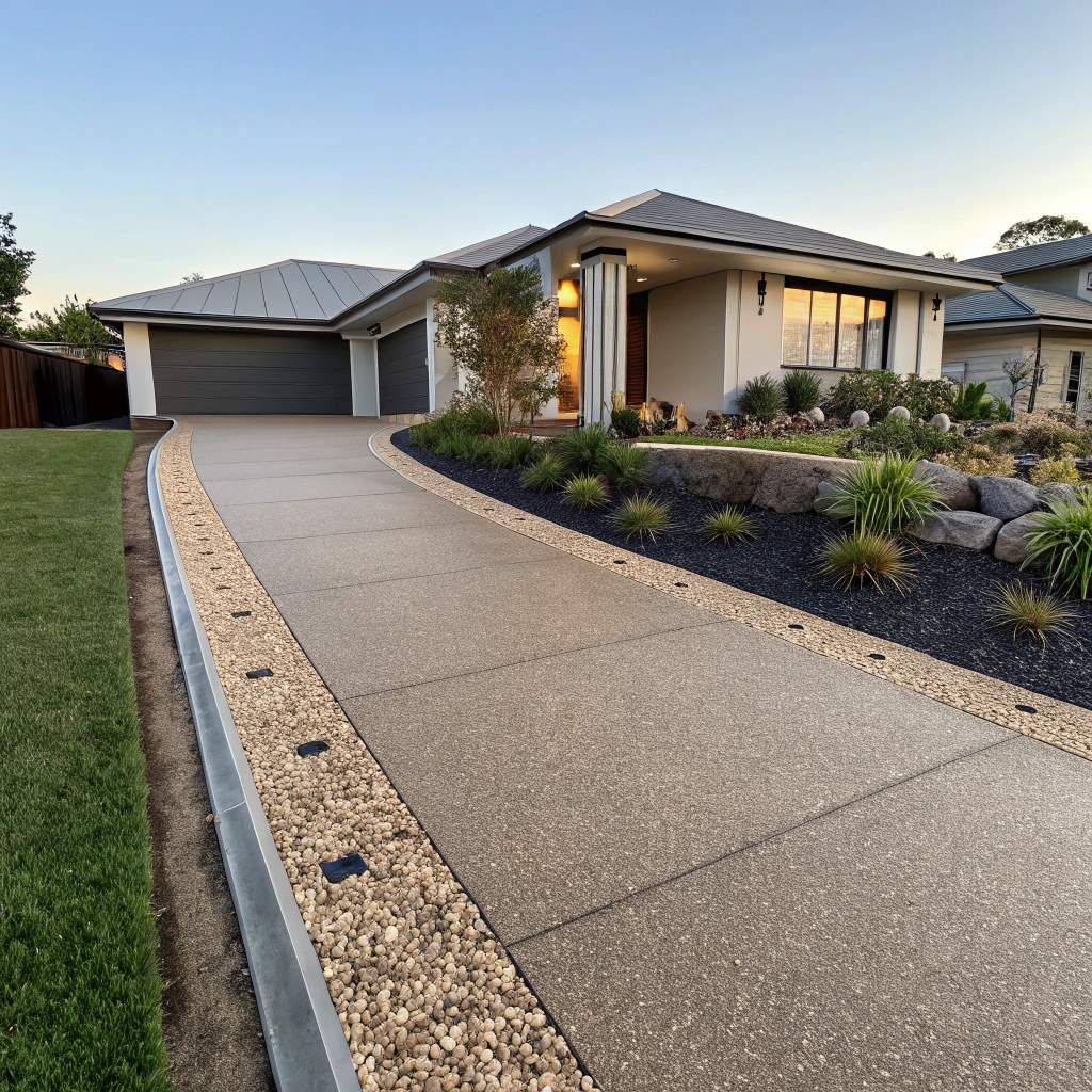 Exposed aggregate concrete driveway with river stone finish at modern Toowoomba home showing natural texture and curb appeal