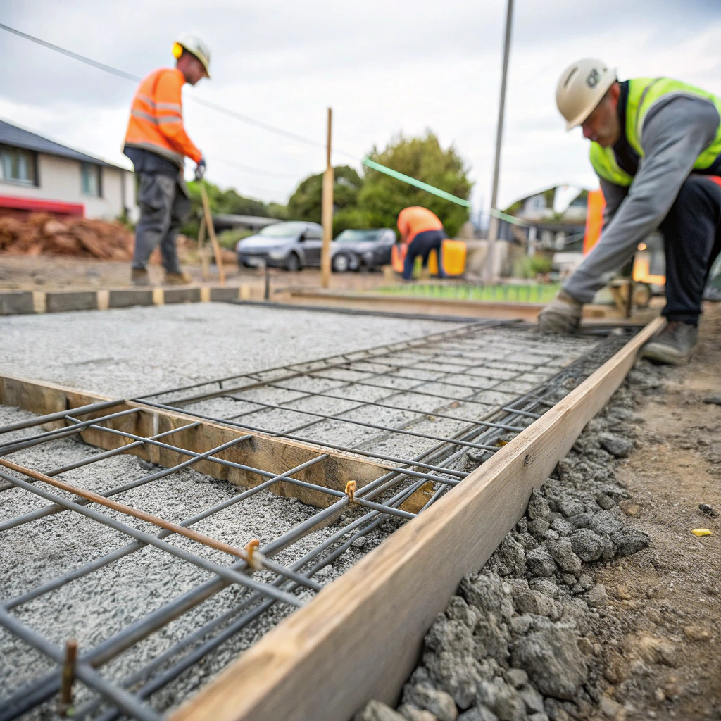Steel reinforcement mesh being installed by professional concrete workers on garage slab foundation in Toowoomba Queensland