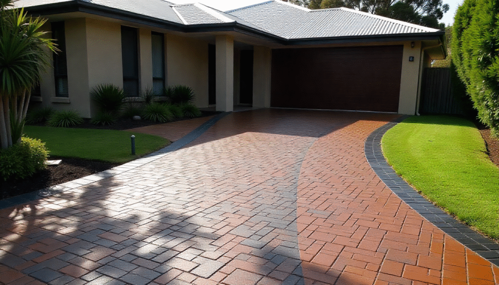 Stamped concrete driveway in Toowoomba with herringbone and brick patterns, installed at a modern Australian home by Concrete Toowoomba Specialist.
