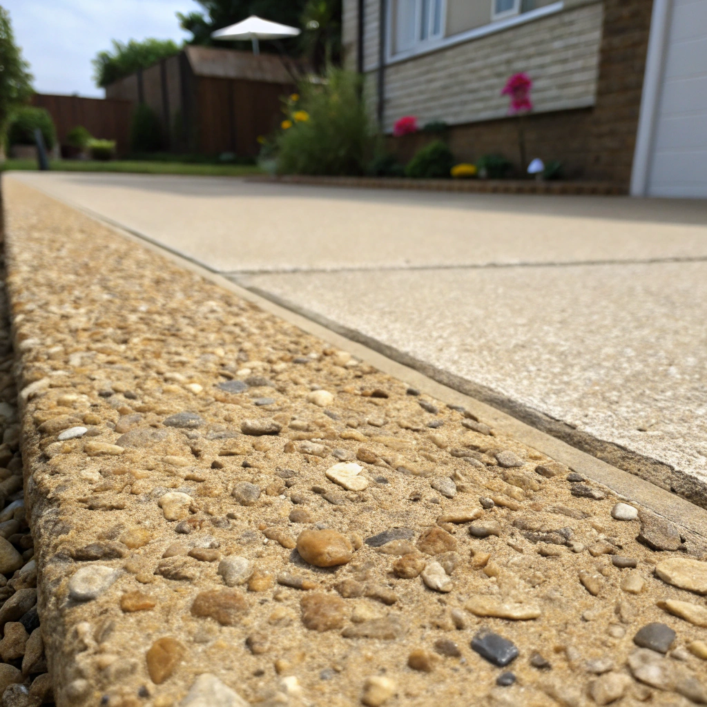 Close-up of exposed aggregate concrete driveway surface with river stone finish in Toowoomba