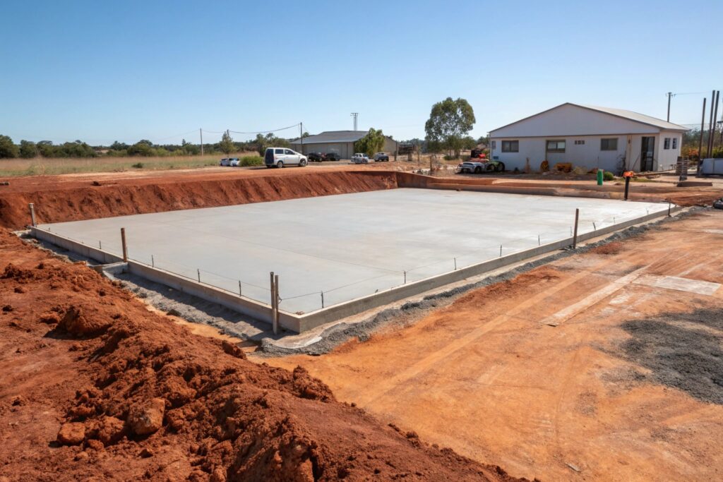 Freshly poured concrete foundation slab on a residential building site in Toowoomba