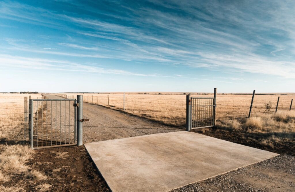 Concrete driveway apron at rural property entry near Athol QLD
